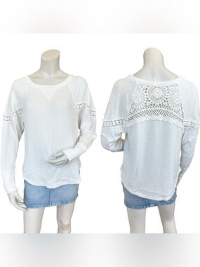 Free People We The Free Luella White Henley Waffle Knit Crochet Print Top Medium